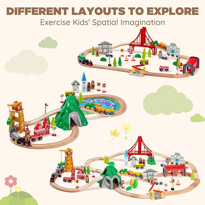 Wooden Train Set for Toddler – Double-Sided Train Tracks,