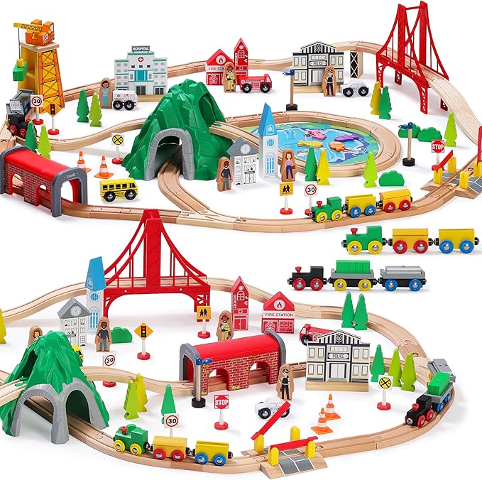 Wooden Train Set for Toddler – Double-Sided Train Tracks,
